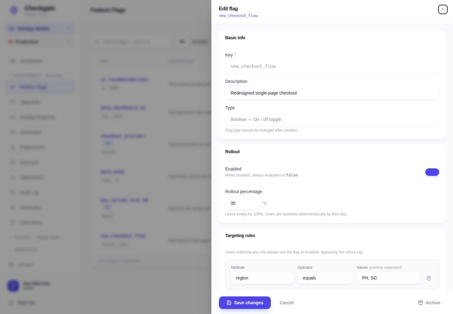 Flag editor panel in the indigo Checkgate dashboard